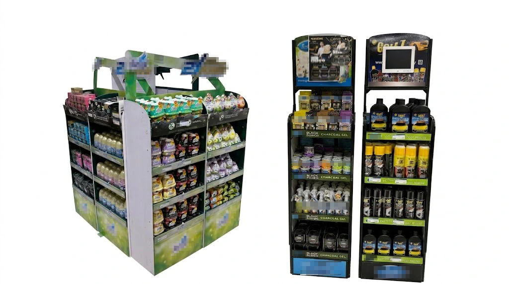 Corrugated floor display stand for bulk custom air freshener merchandising