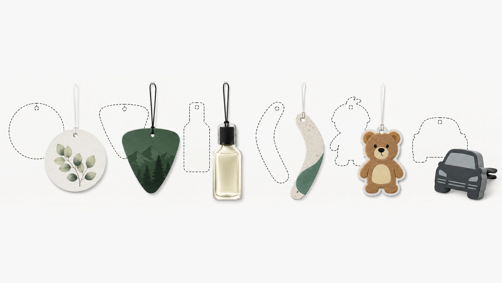 custom air freshener die-cut shapes including round, bottle, character, and car designs