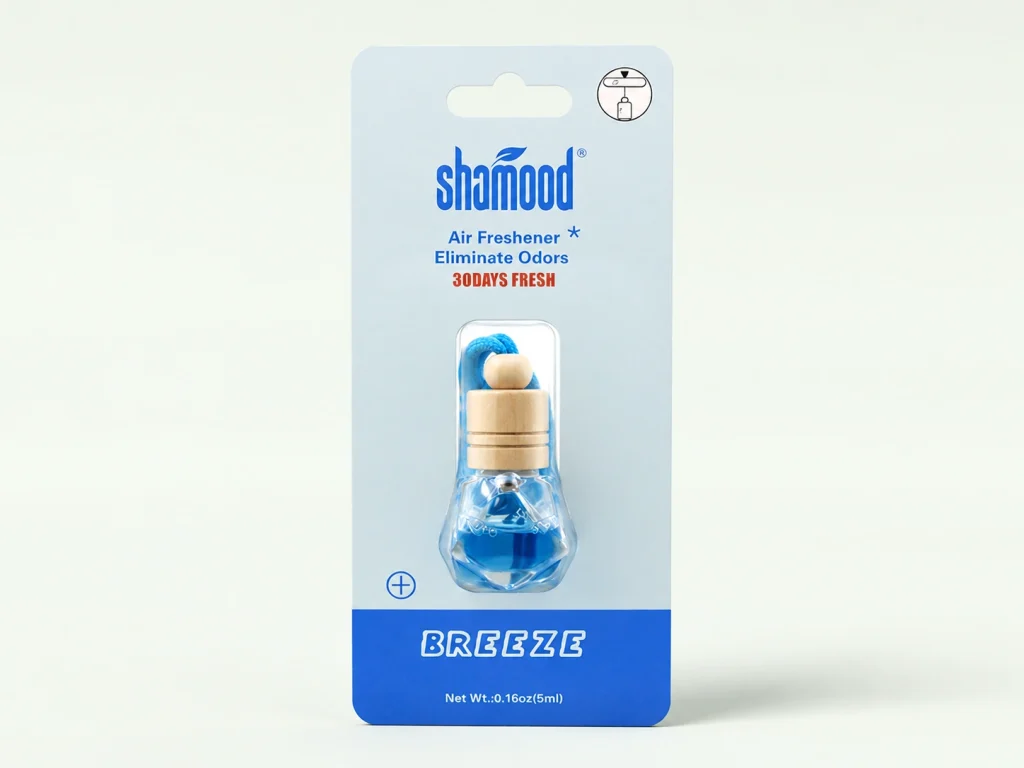 hanging bottle air freshener product with breeze fragrance and card packaging
