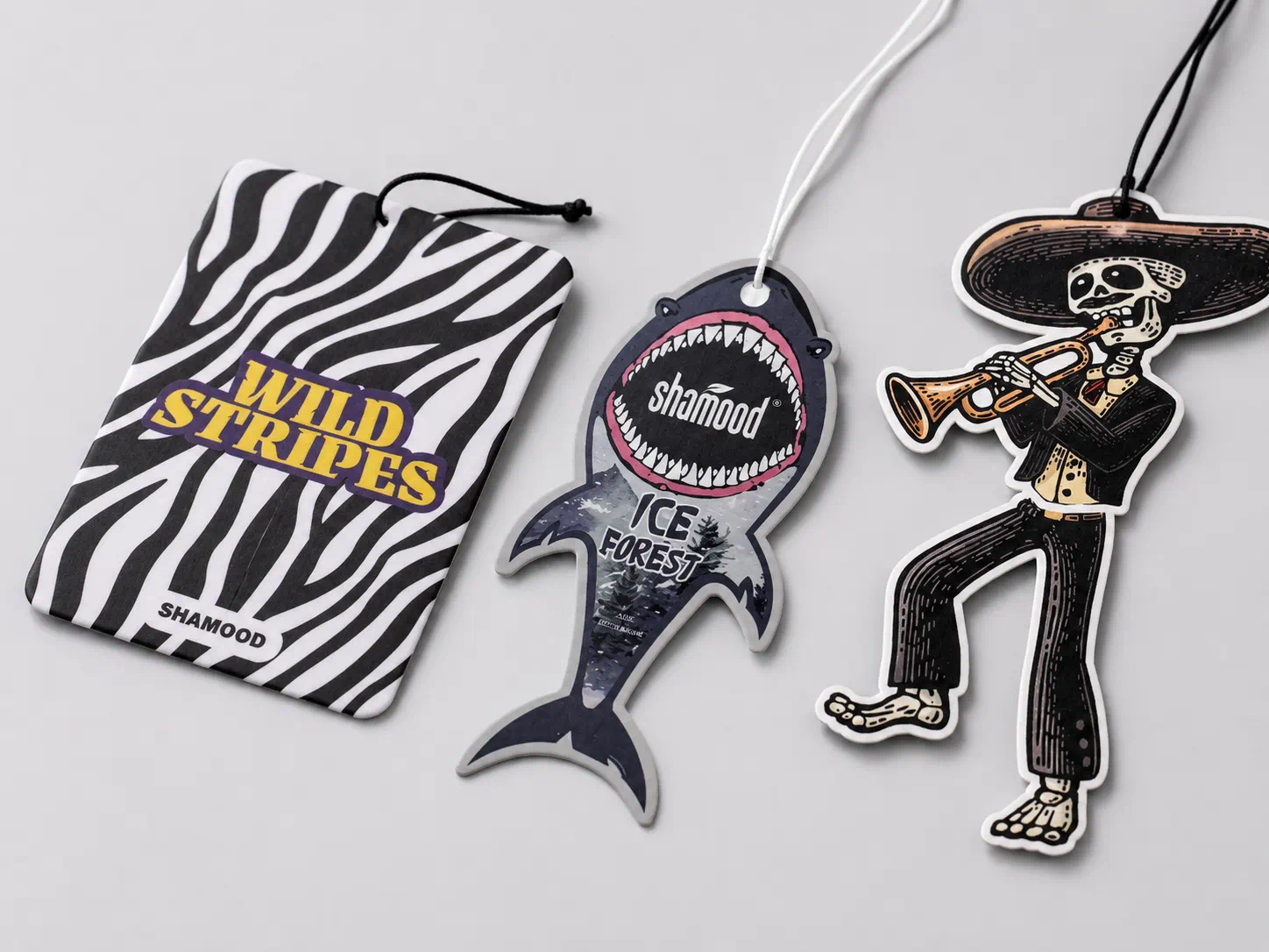 paper air fresheners showing surface finish, material texture, and print detail