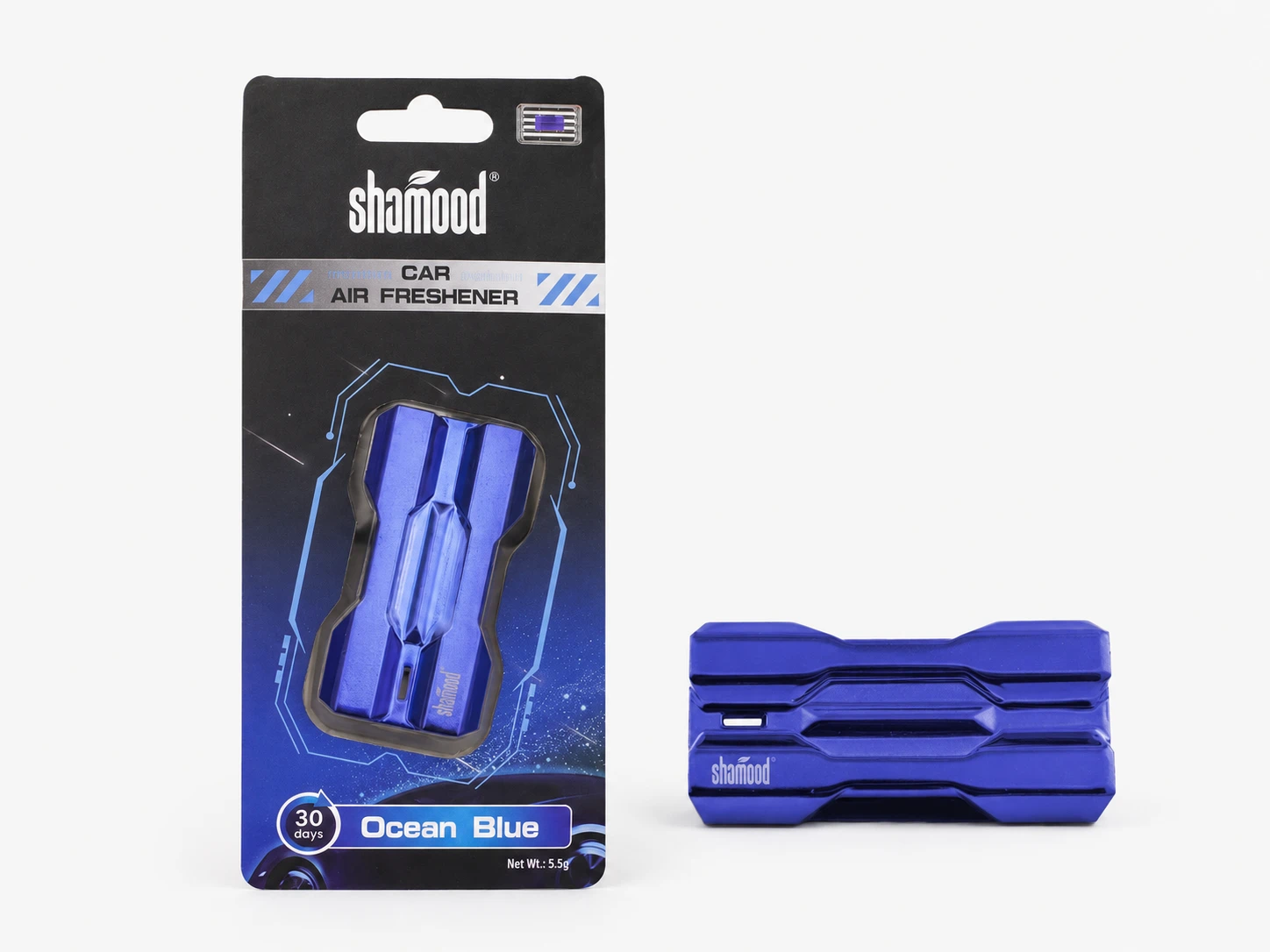 Ocean blue scented insert vent clip air freshener with elongated housing