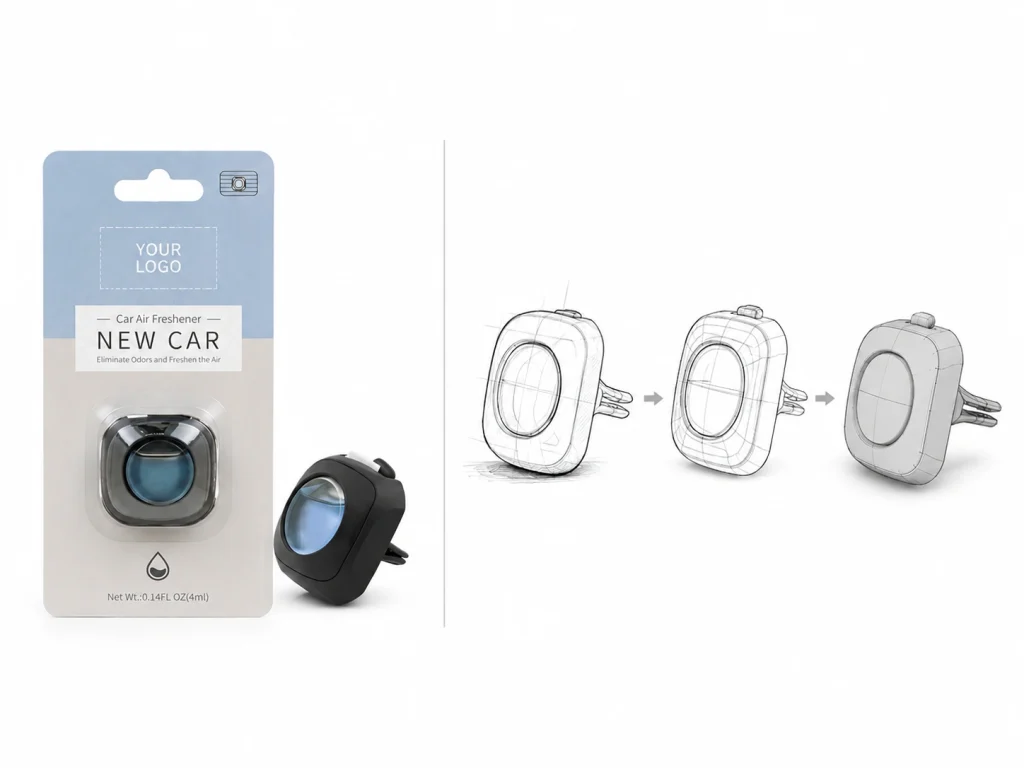 Existing product platform compared with the fully custom development process for a custom air freshener.