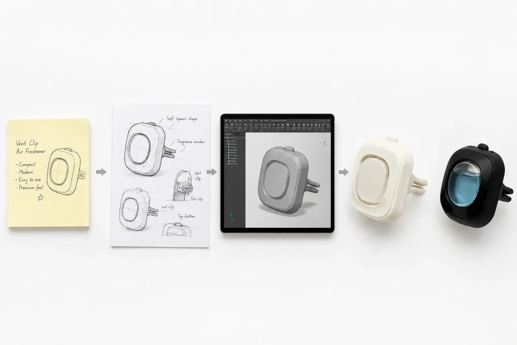 Illustration showing the product development process of a custom air freshener from concept sketch to production-ready product.