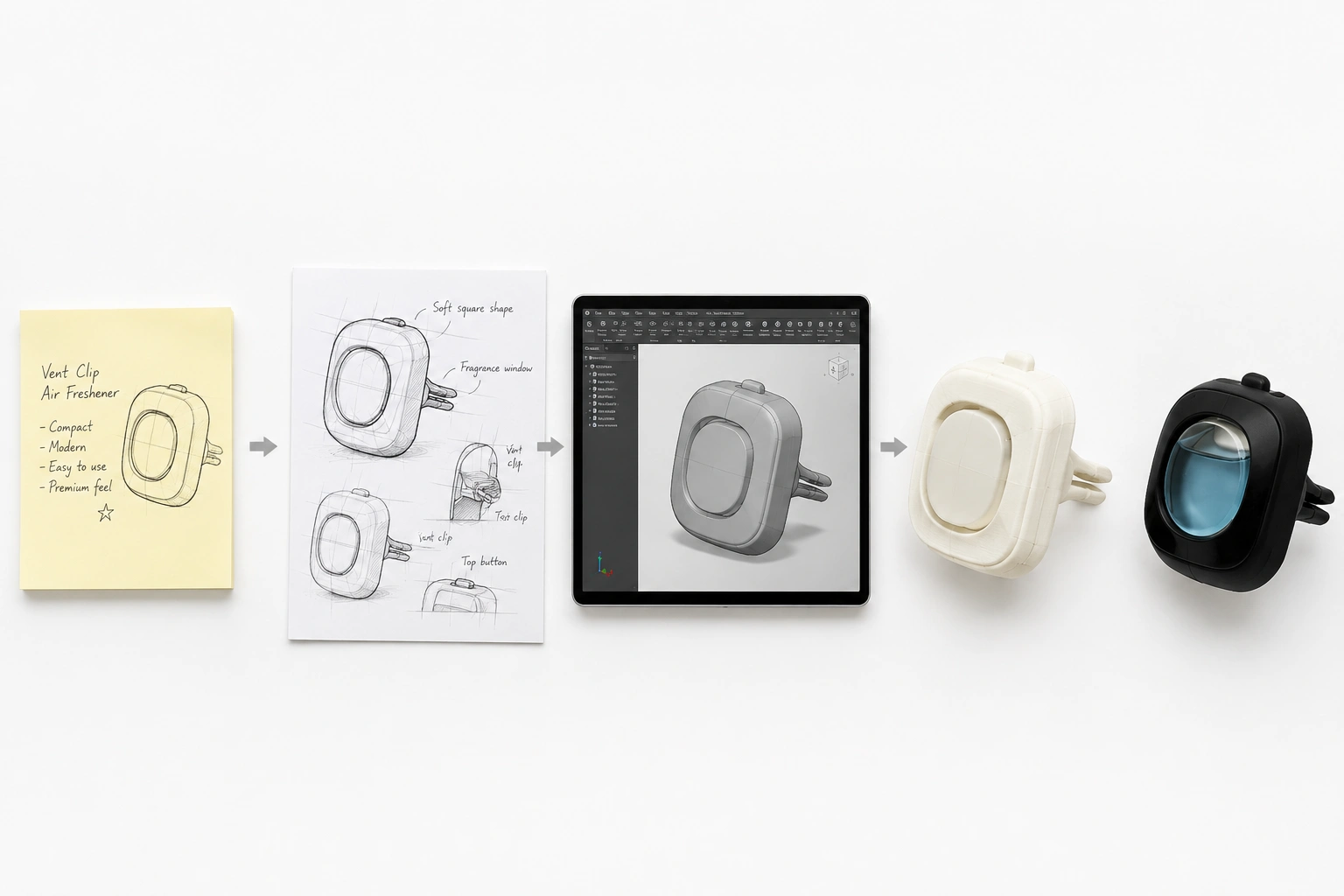 Illustration showing the product development process of a custom air freshener from concept sketch to production-ready product.