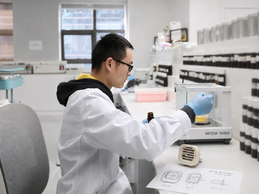 custom air freshener prototype and structure review in a fragrance development laboratory