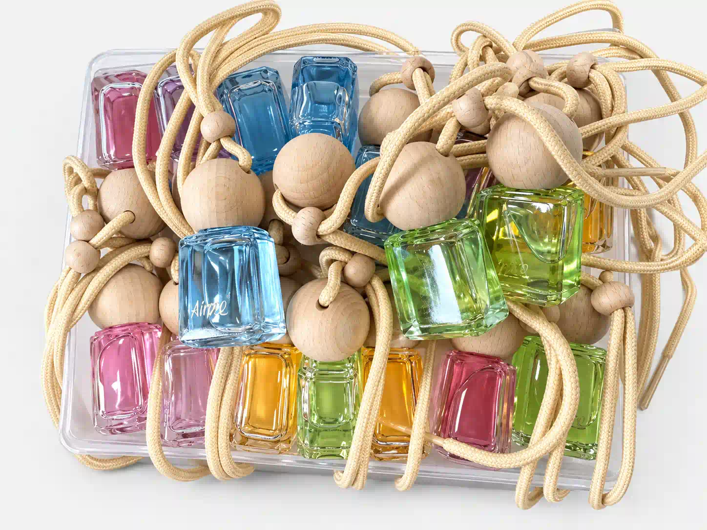 Custom hanging glass car air freshener bottles with wooden caps, cords and different product configurations