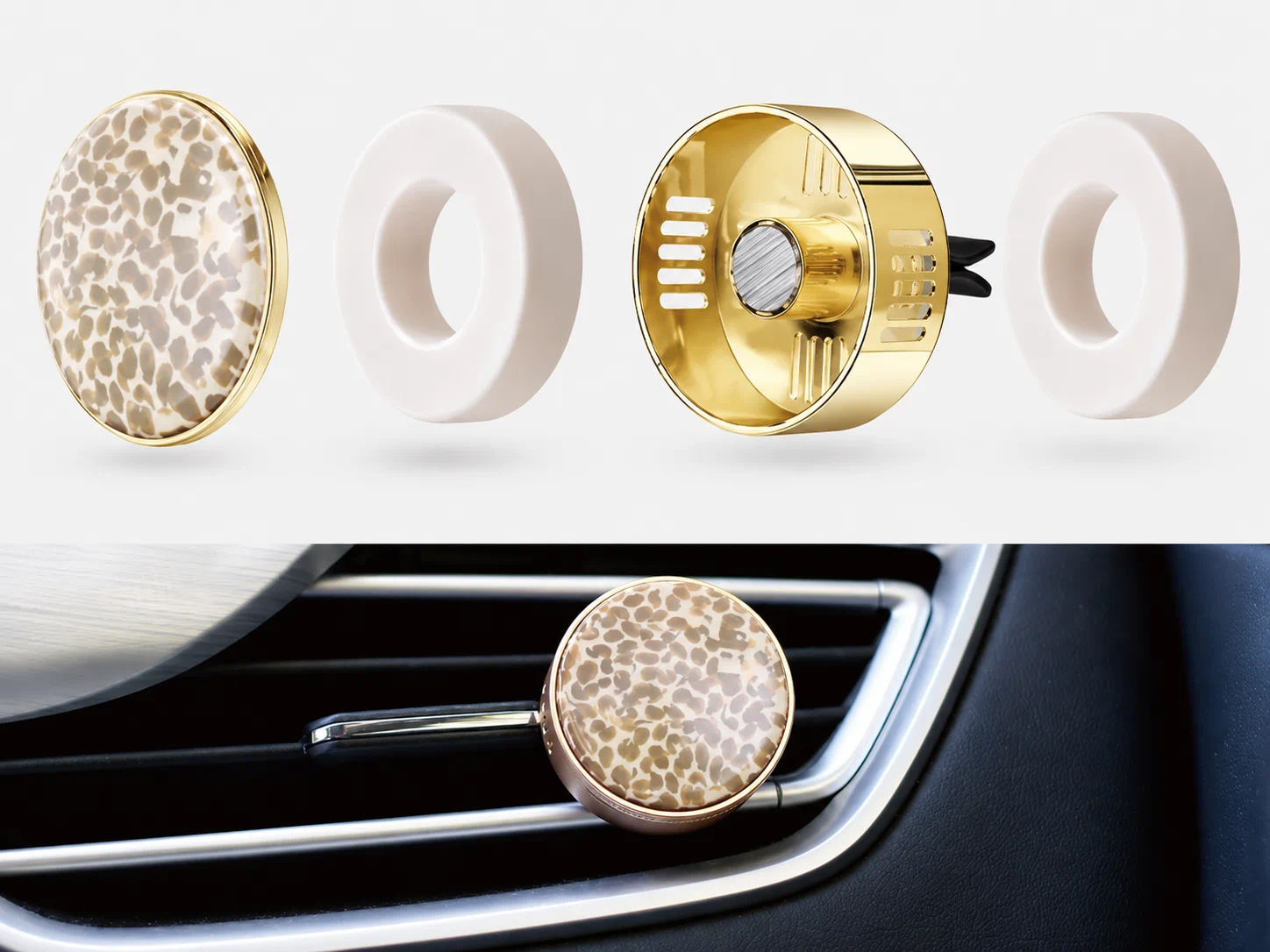 Custom scented insert vent clip structure development with exploded components and in-car installation