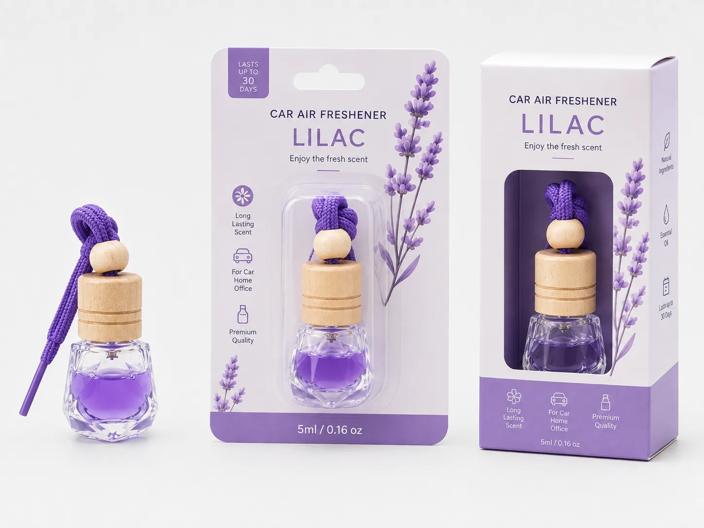 Packaging options for hanging glass car air fresheners including blister card and paper box