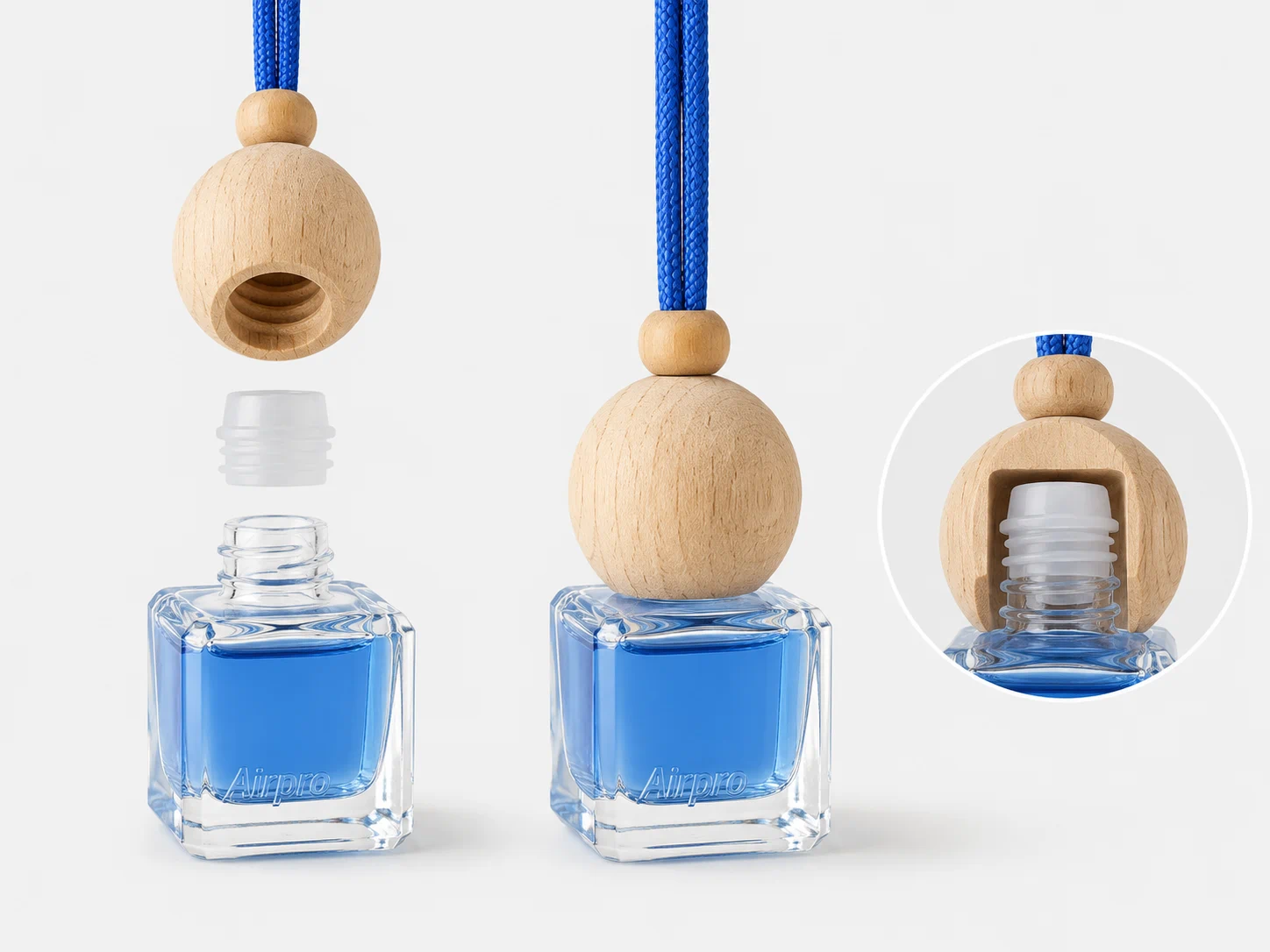 Hanging glass car air freshener system with wooden cap, stopper, cord and fragrance bottle