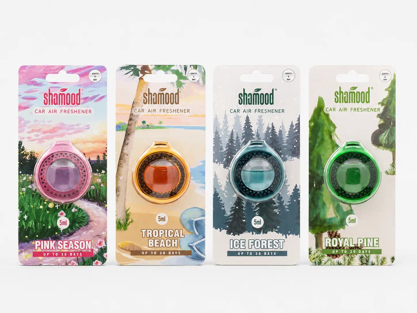 Membrane air freshener packaging variants showing different brand colors and visual designs