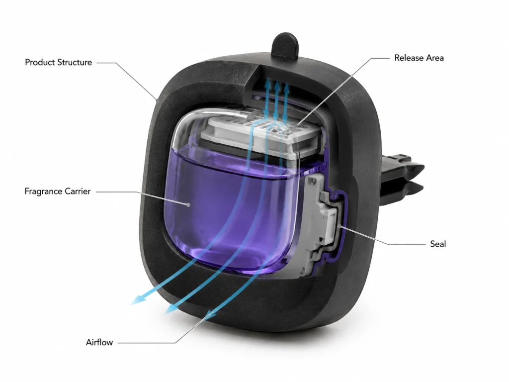 vent clip air freshener fragrance delivery system showing carrier, release area, airflow and seal