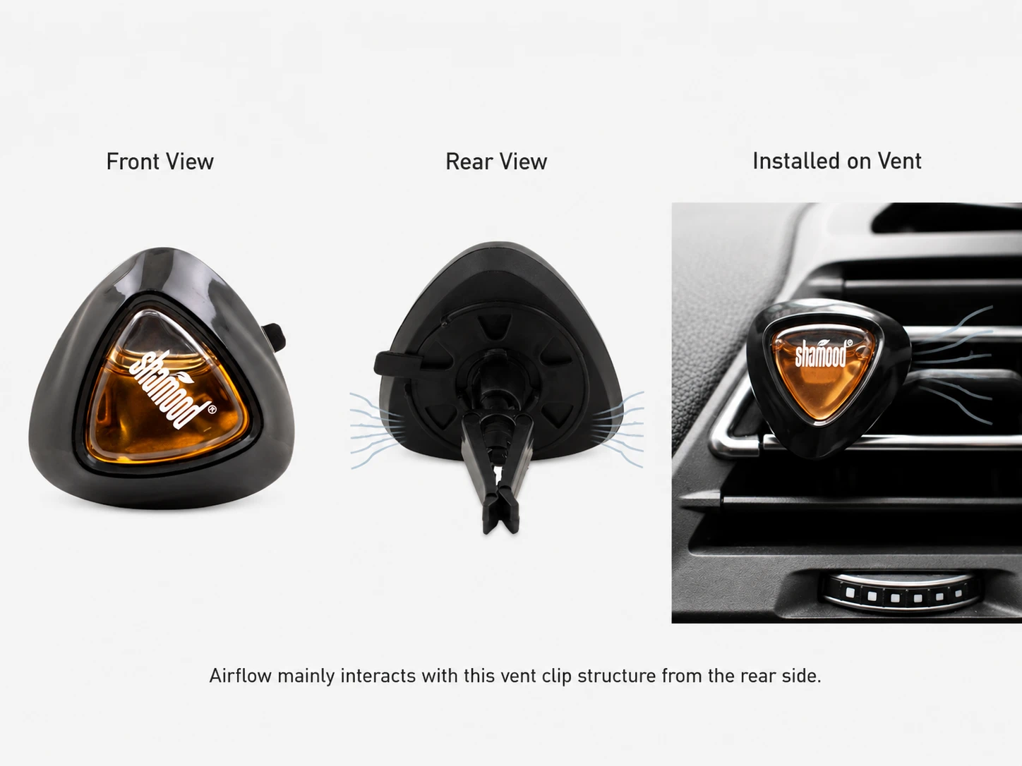 Vent clip air freshener shown from the front, rear and installed on a car air vent