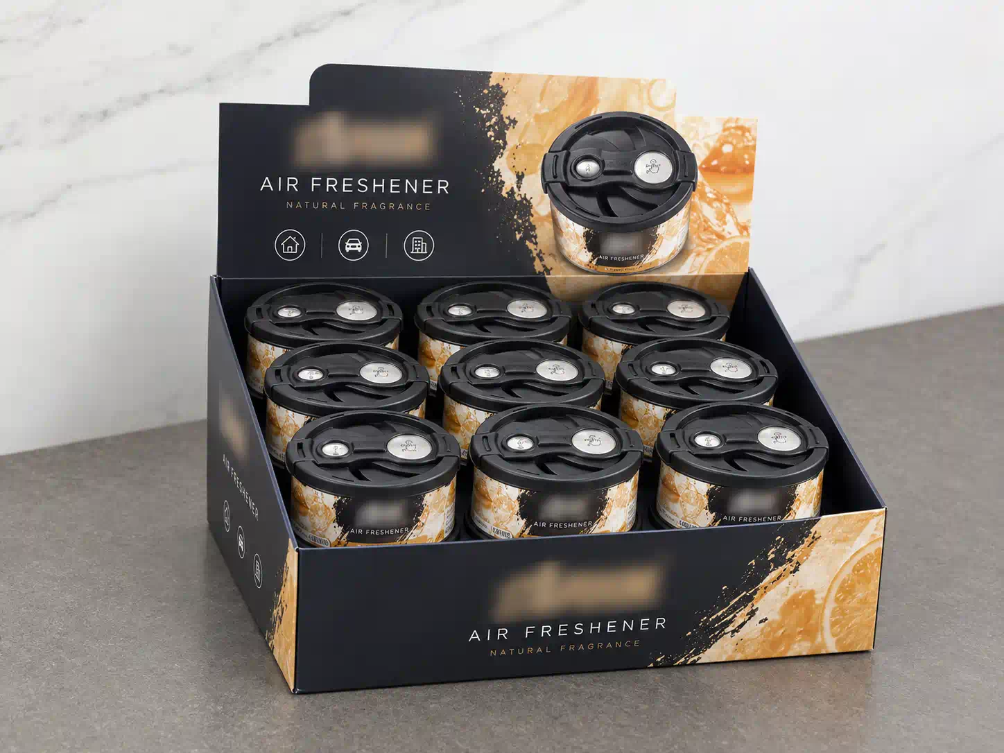Countertop retail display with coordinated air freshener products and scent tester packaging