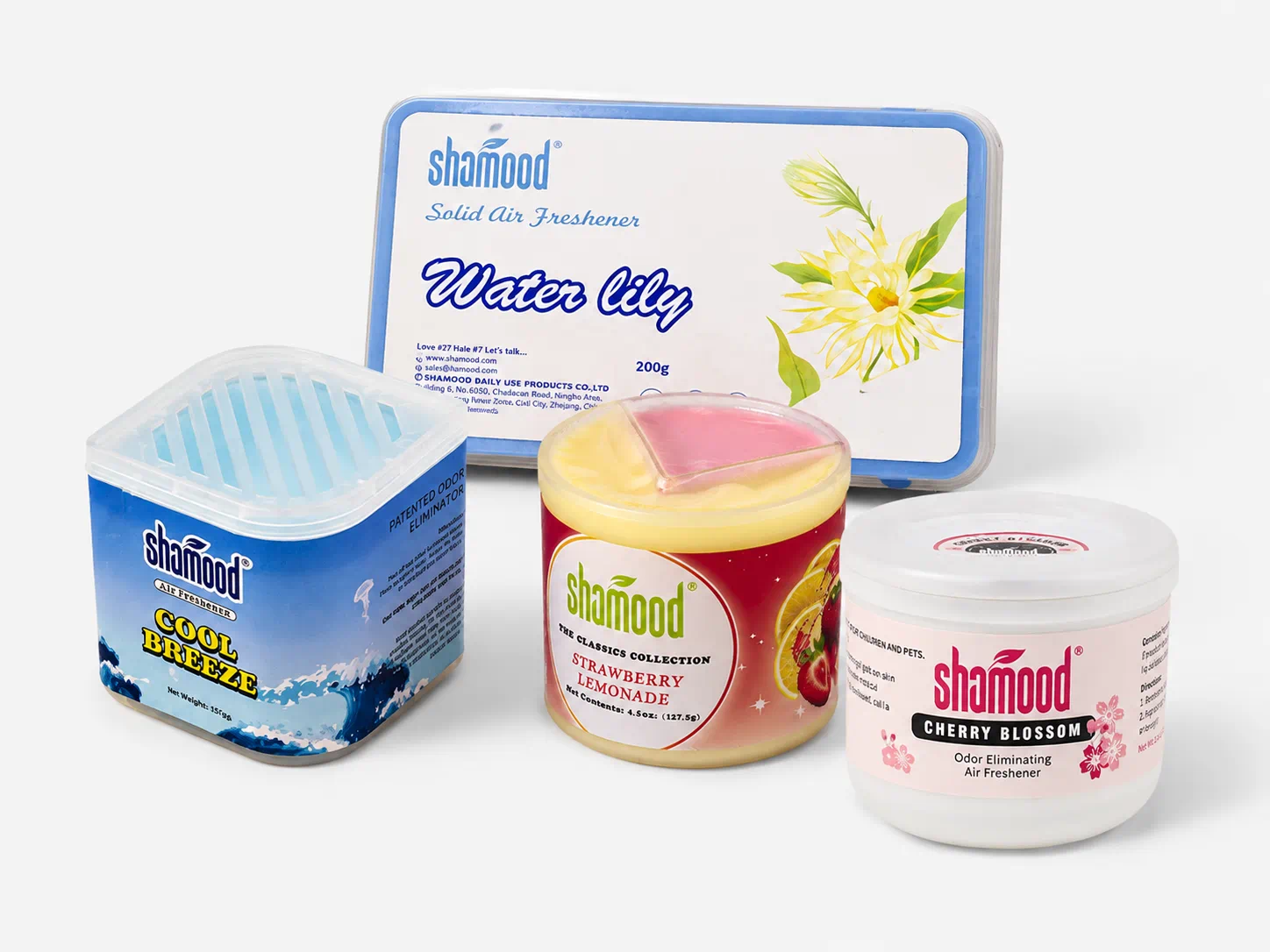 Gel air freshener product range with round, square, dual-fragrance and large-capacity container formats