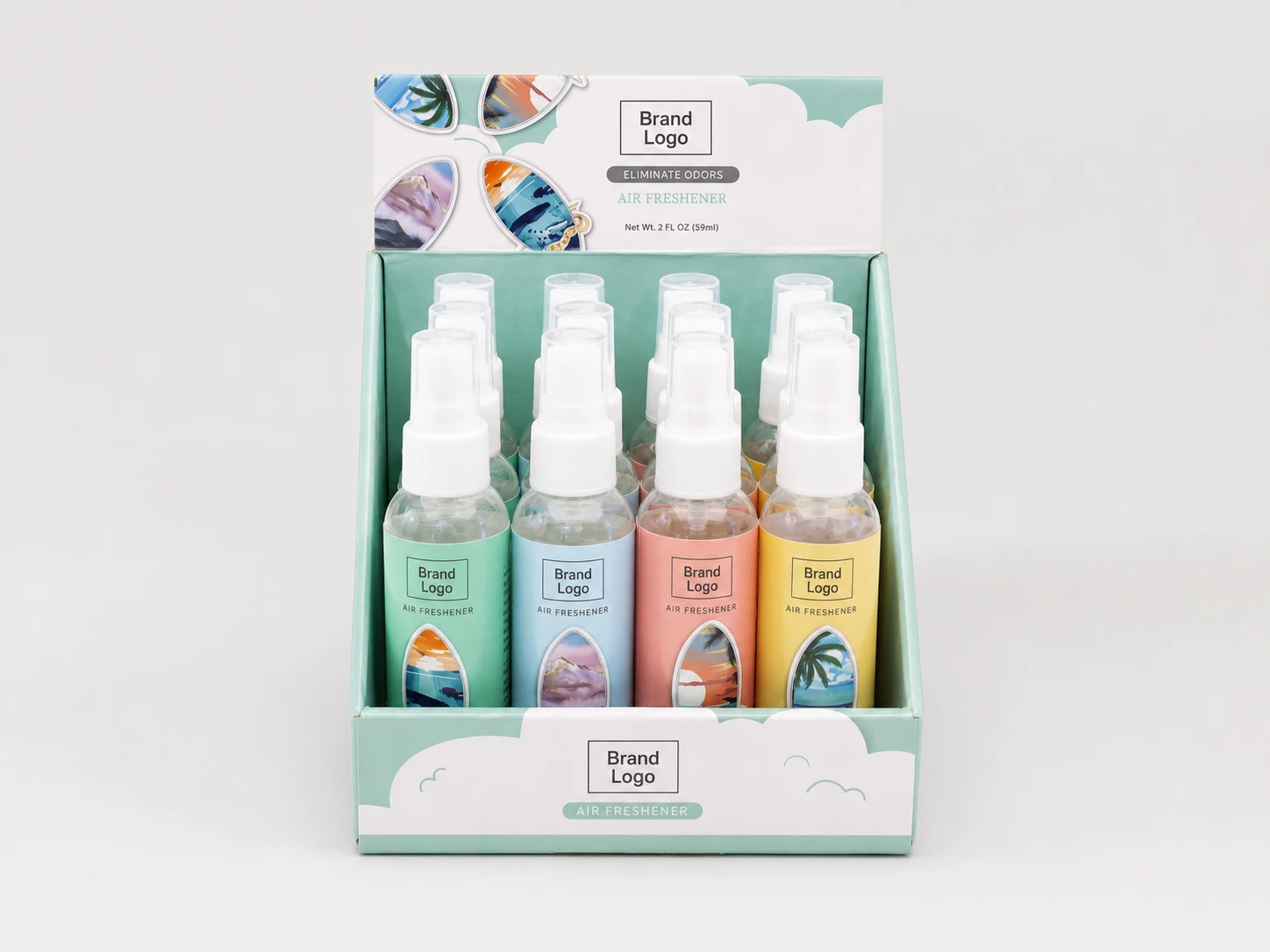 Private label non-aerosol air freshener sprays with retail display packaging
