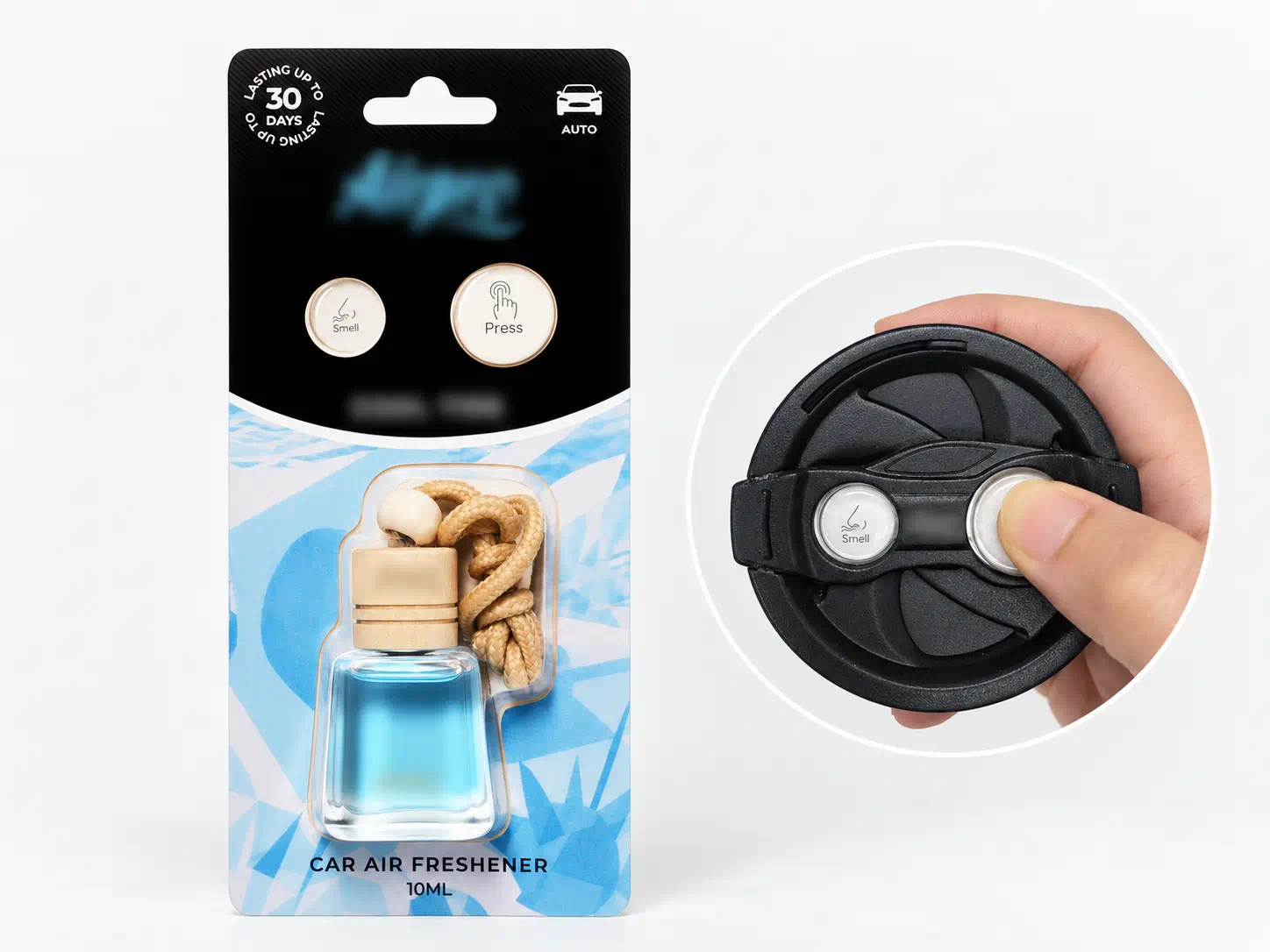 Retail air freshener packaging with integrated press-to-smell scent tester