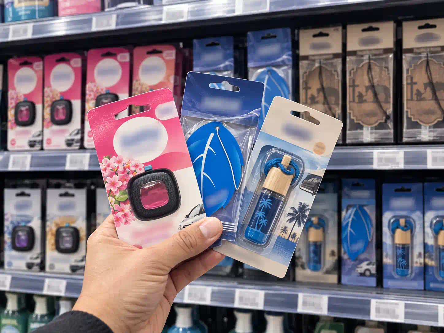 Shopper holding sealed retail air freshener packages in front of a store display shelf