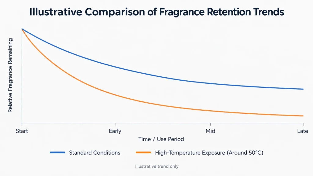Illustrative chart comparing fragrance retention trends under standard conditions and high-temperature exposure
