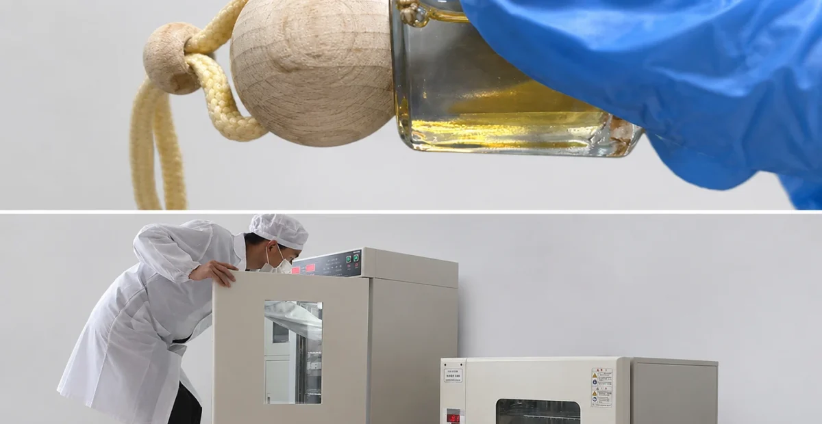 Hanging glass car air freshener simulated-use and high-low temperature testing