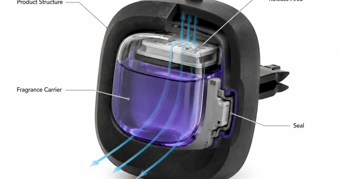vent clip air freshener fragrance delivery system showing carrier, release area, airflow and seal